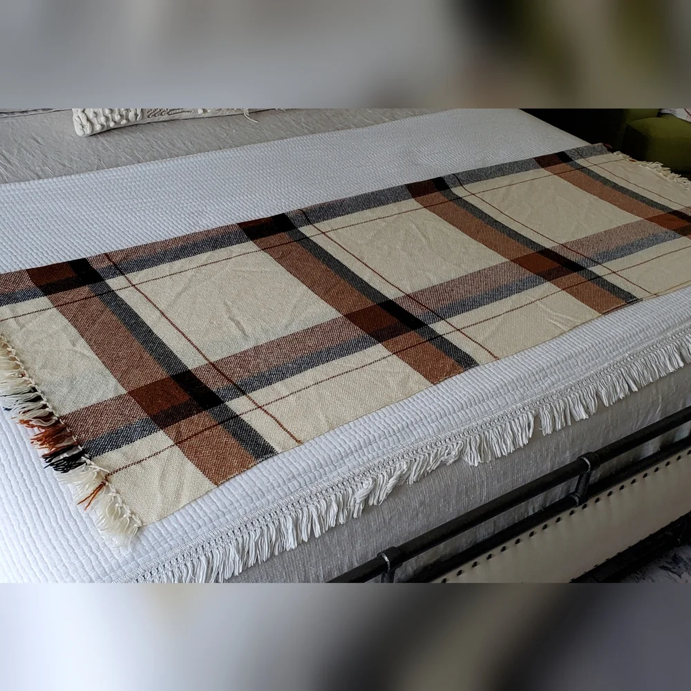 We Three Weavers Handwoven 100% Wool Cream/Black/Terra Cotta Plaid Throw Blanket